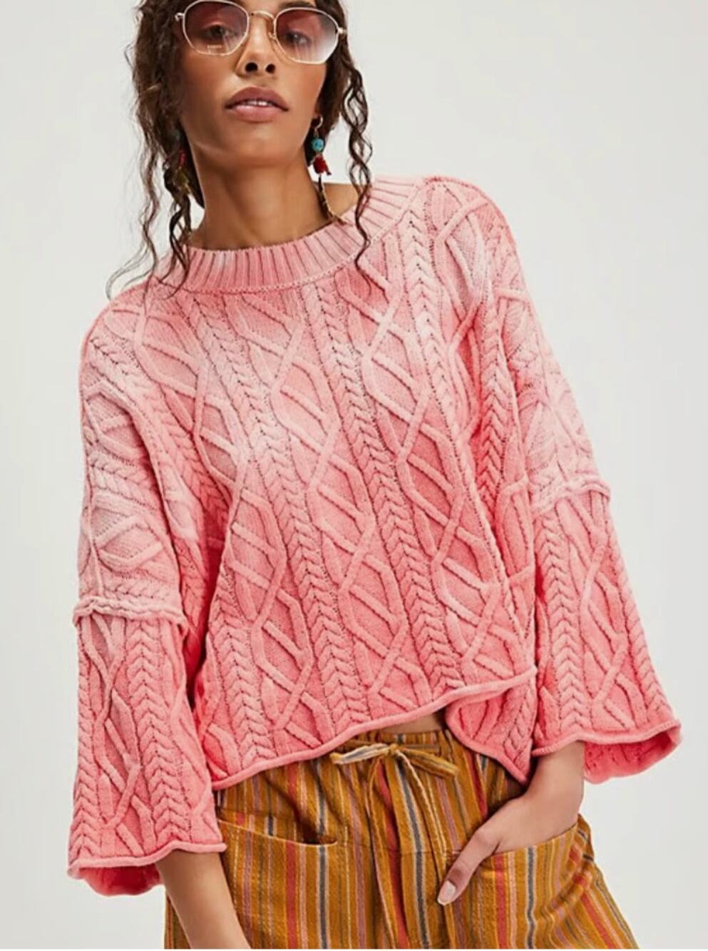 Free People Washed Ashore Cable Knit Sweater Pink Slouchy fit sz Small